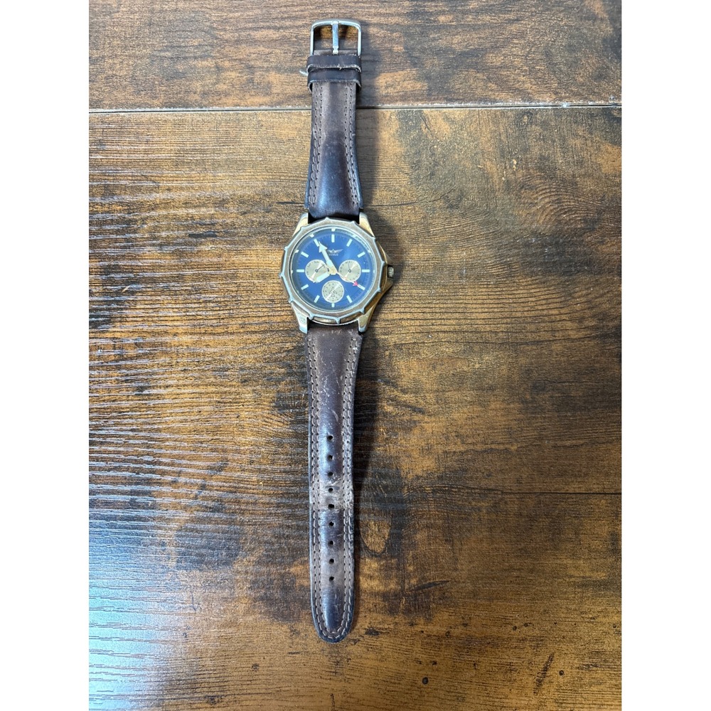 Benrus Mens Pilot Watch Blue Dial Gold Tone Multi Function Brown Leather Strap